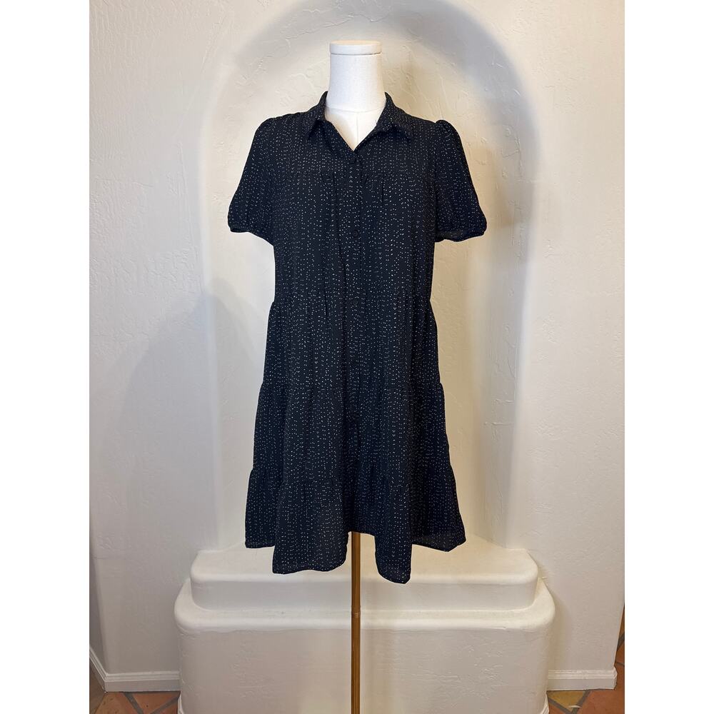 Monteau LA Black Tiered Mini Dress Black and White Polka Dot Short Sleeve Small